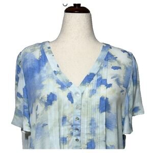 Rose & Olive Anthropology Top 2X Blue Watercolor Pintuck Flutter Sleeve V Neck
